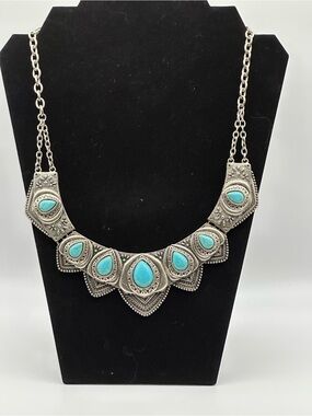 Turquoise Teardrop Statement Necklace - Silver Tone
